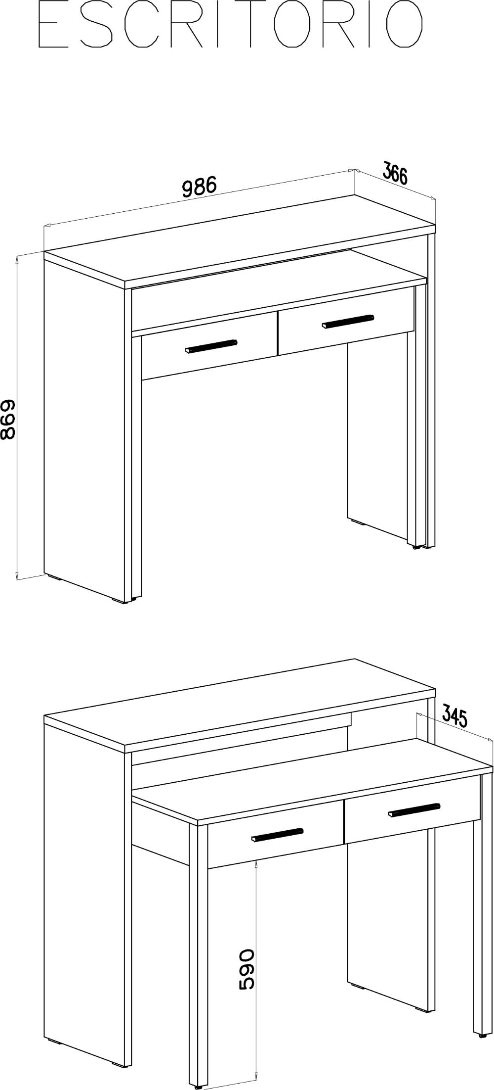 Bureau extensible, table pour ordinateur, 2 tiroirs, blanc.