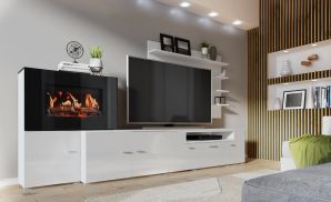 Meuble salon+cheminée électrique,5 niv.de flamme,Blanc Mat/Laqué Blanc Brillant,290x170x45 | Meuble du salon