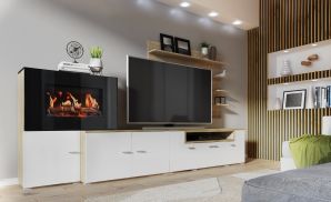 Meuble salon+cheminée électrique,5 niv.de flamme,Blanc mat/chêne clair brossé,290x170x45